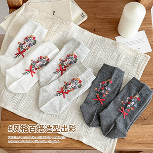 浪漫蝴蝶结碎花束女袜舒适柔软春夏中筒袜甜美风韩版刺绣少女Lo