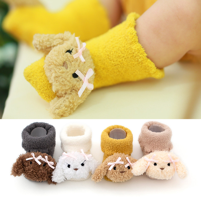 冬季新婴儿袜子双面绒加厚卡通宝宝公仔袜0-1岁新生儿防滑地板袜