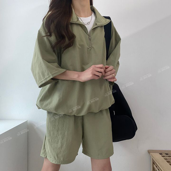 반팔 반바지 여성 투피스 세트 플러스 사이즈 하이 칼라 지퍼 봄 여름 패션 캐주얼 운동복 루즈