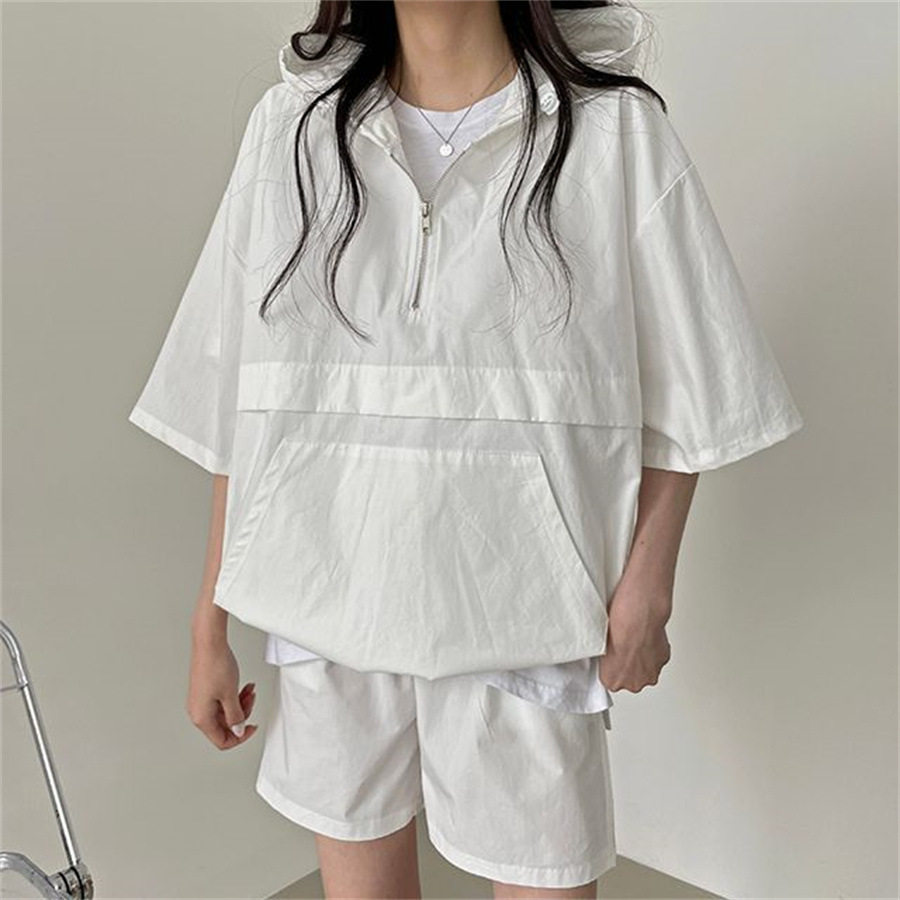 5 색 솔리드 컬러 패션 캐주얼 반소매 정장 여성 2023 여름 새 스타일 느슨한 후드 스포츠웨어 다목적