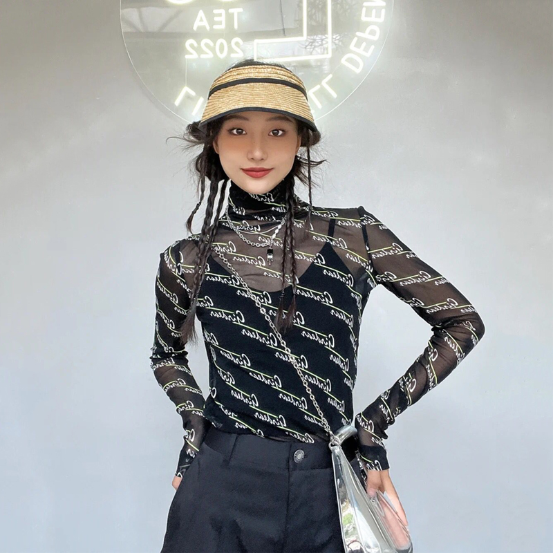 白领哥弟新2023秋季内搭高领网纱打底衫印花长袖T恤女纱衣1300237