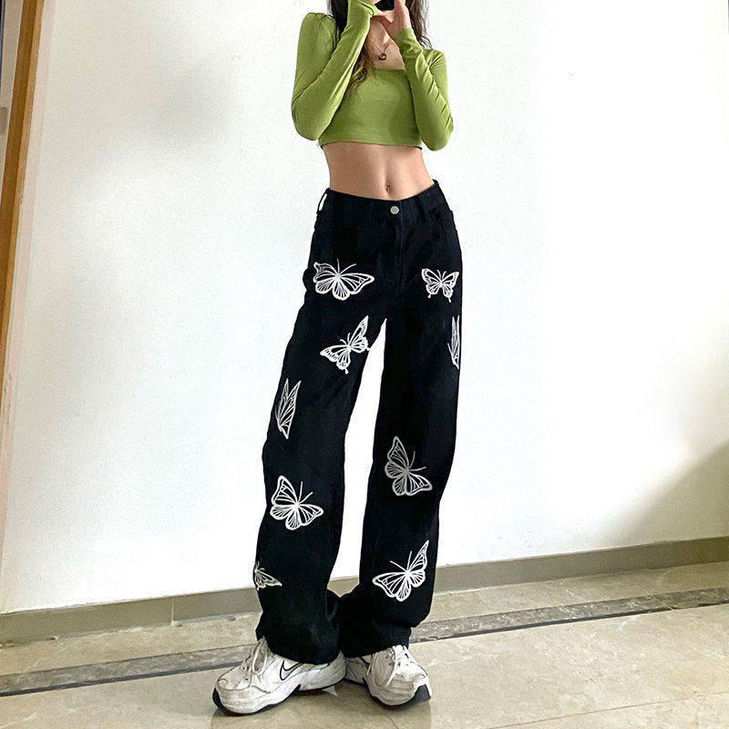 设计感蝴蝶个性印花牛仔裤女韩版复古显瘦宽松百搭黑色直筒裤子潮
