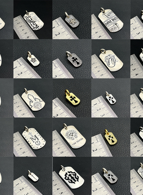 泰银潮牌方形军牌吊坠镀S925纯银十字架复古做旧印花方牌朋克挂件