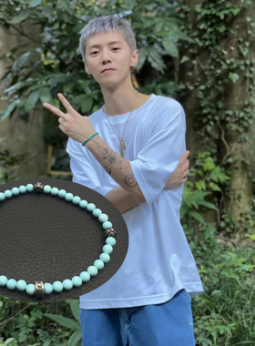 鹿晗泰银十字架小绿松石手串镀纯银手钏权志龙潮流黑曜石男士手链