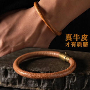 高桥潮流牛皮genz手环男一生之环磁吸圆形耐磨头层皮时尚手链