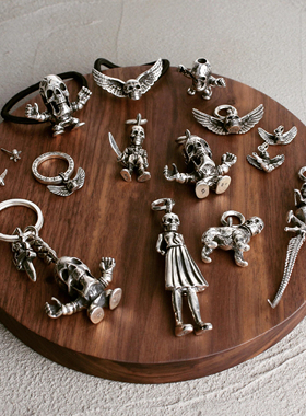 美国高校泰银骷髅小姐项链朋克镀纯银骷髅士兵皮绳长款个性毛衣链