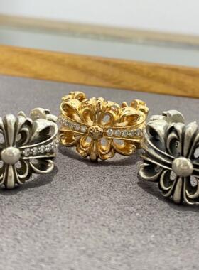 复古镶钻十字架电镀S925纯银开口戒男女个性霸气经典均码做旧戒指