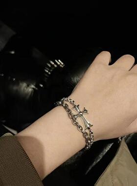 朋克泰银男女款手链十字架嘻哈哥特复古镀S925纯银金色情侣手环潮