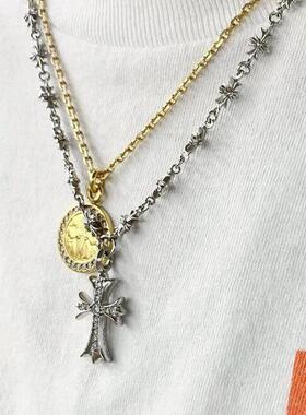 复古紫钻S925纯银十字架项链黑宝石金色情侣嘻哈高级感满钻毛衣链