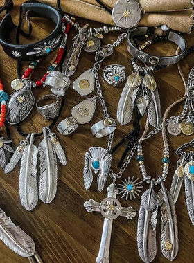 霆锋鹰爪泰银男士项链复古绿松羽毛镀S925纯银吊坠叠戴高桥太角链