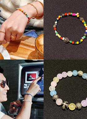 琉璃石藏银糖果手串摩根石天然宝石手钏十字架小珠镀纯银男手链潮