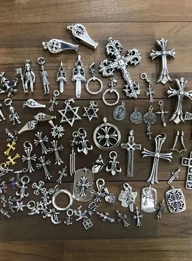 铜镀纯银水滴十字架吊坠朋克军花船锚DIY六芒星泰银宝剑口哨挂件