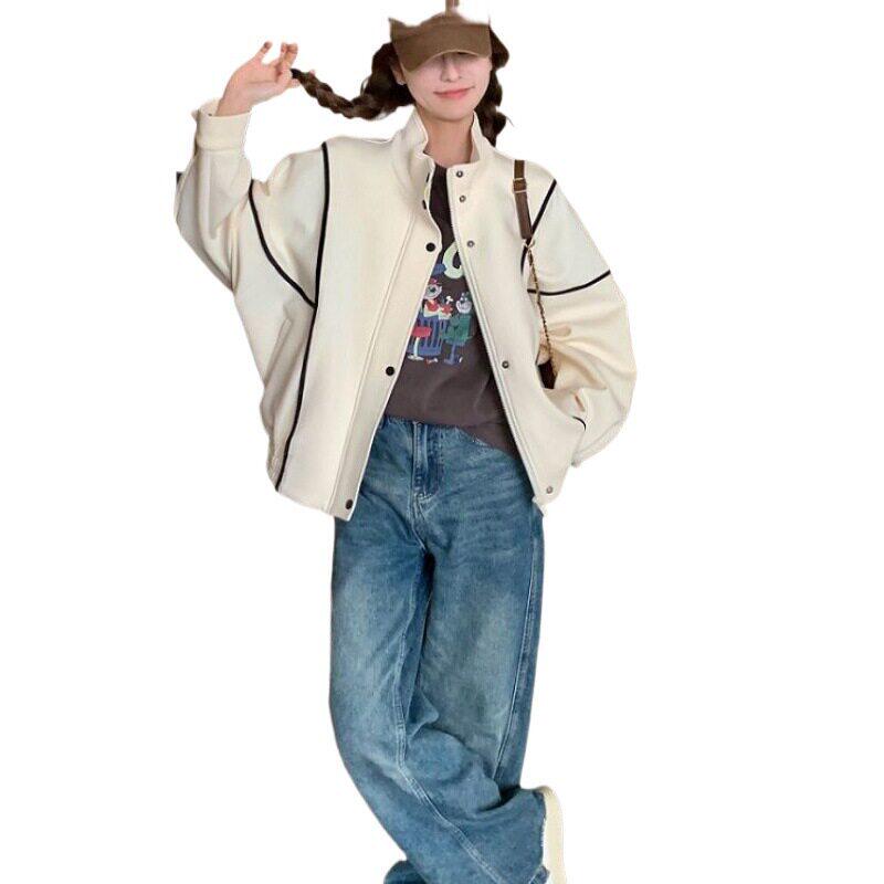 春秋小个子立领棒球服卫衣女2026爆款宽松开衫明线装饰含绒短外套