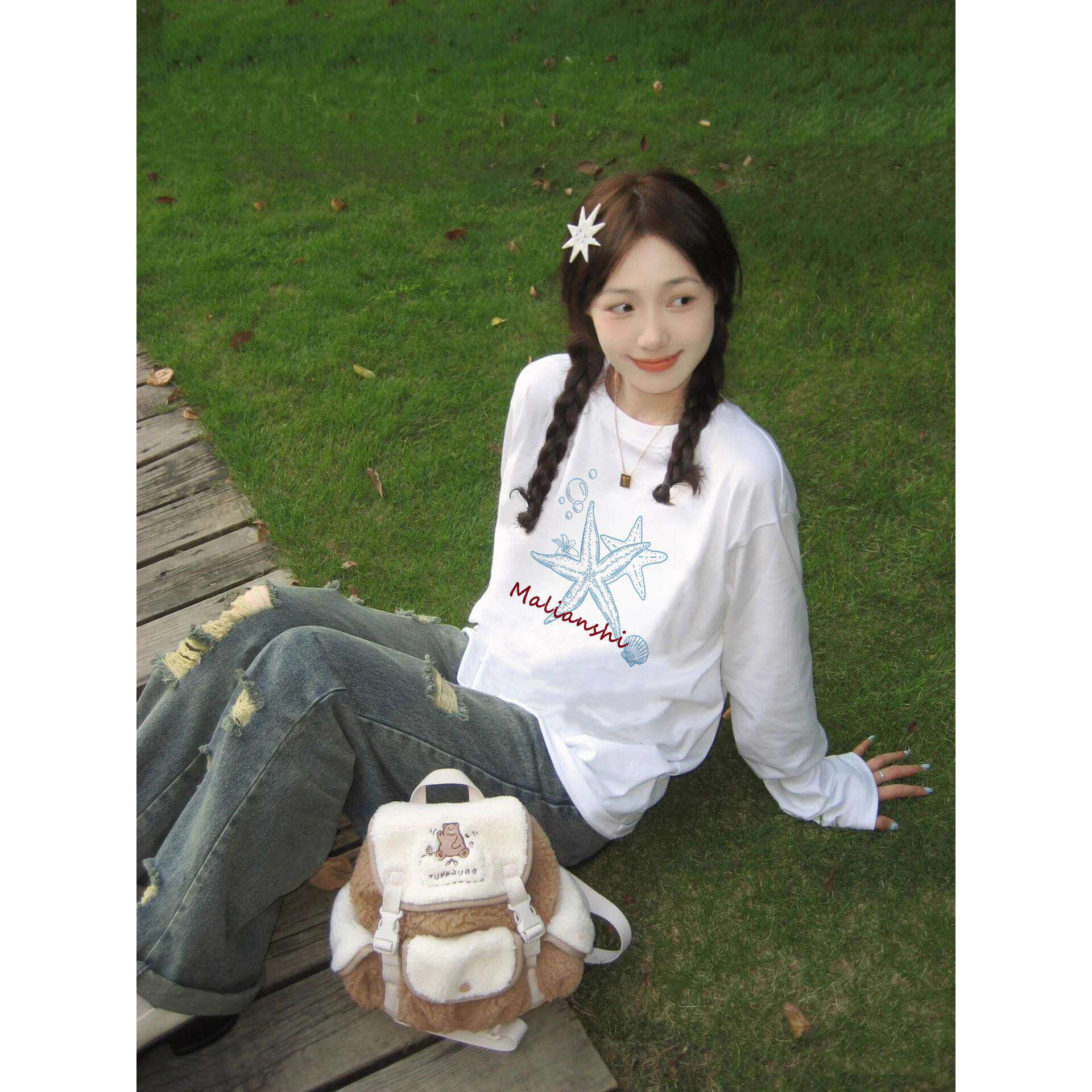 纯棉美式复古正肩白色长袖t恤女2026新款春季薄款慵懒上衣潮