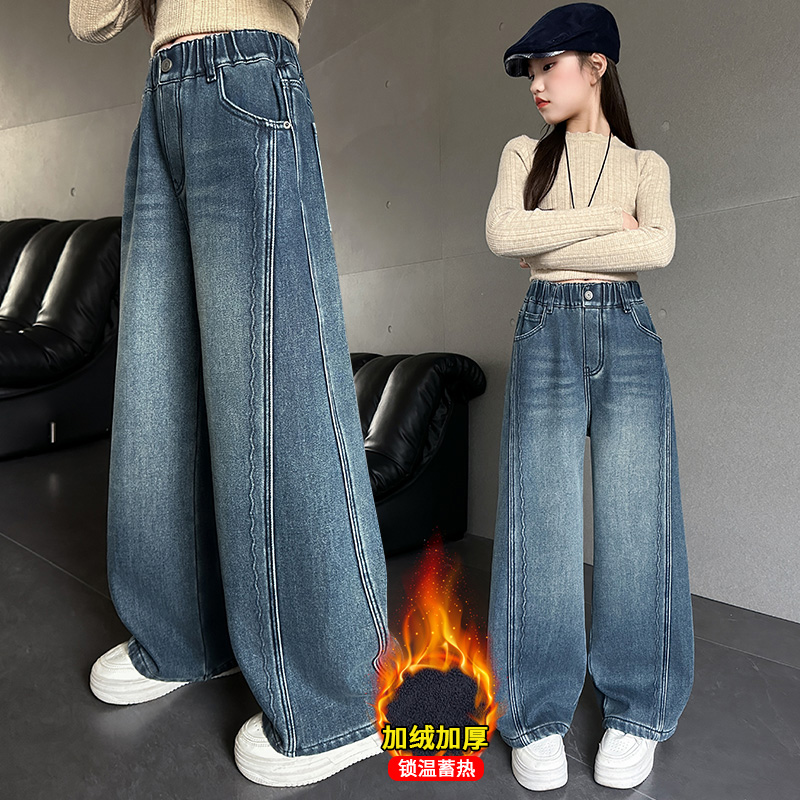女童牛仔裤加绒加厚休闲直筒裤