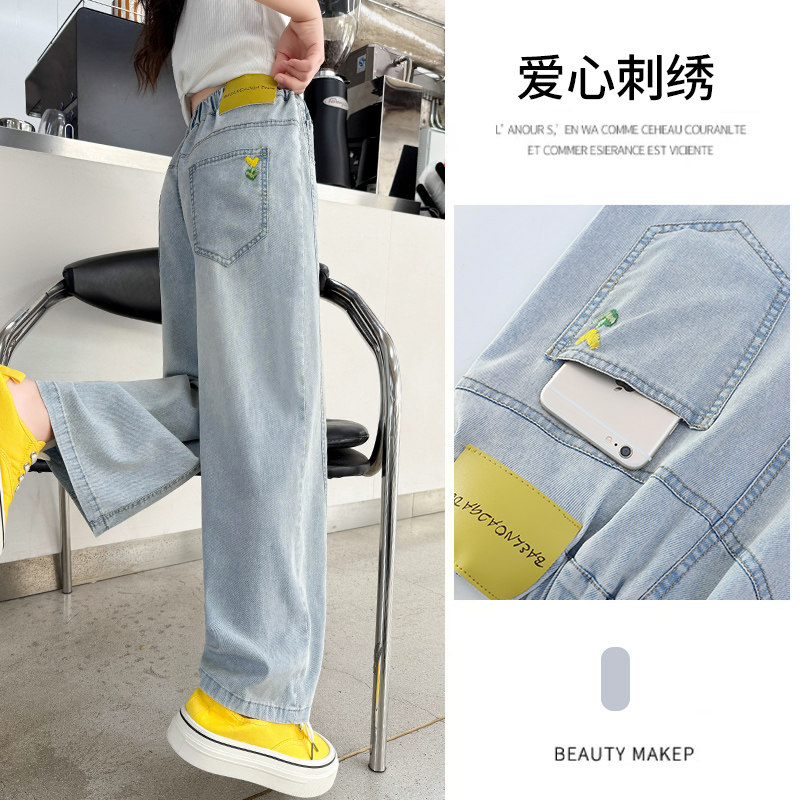 女童裤子牛仔裤夏装新款中大童洋气宽松直筒裤夏季冰丝阔腿裤薄款