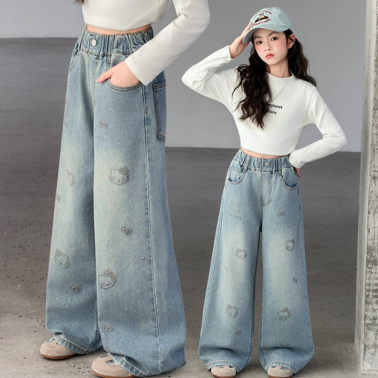 女童裤子牛仔阔腿裤春秋装新款中大童洋气宽松直筒裤韩版休闲长裤
