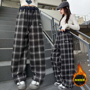 女童裤子休闲格子裤加绒加厚秋冬装新款中大童洋气直筒裤冬季保暖