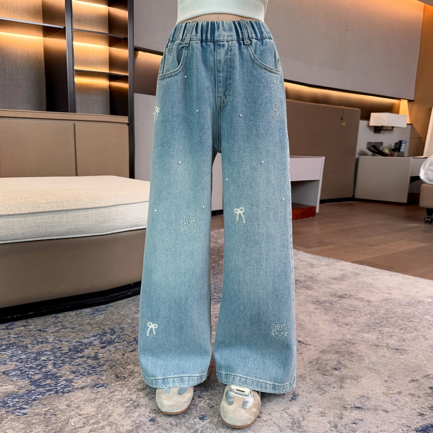 女童裤子牛仔阔腿裤春秋装新款中大童洋气宽松直筒裤韩版休闲长裤