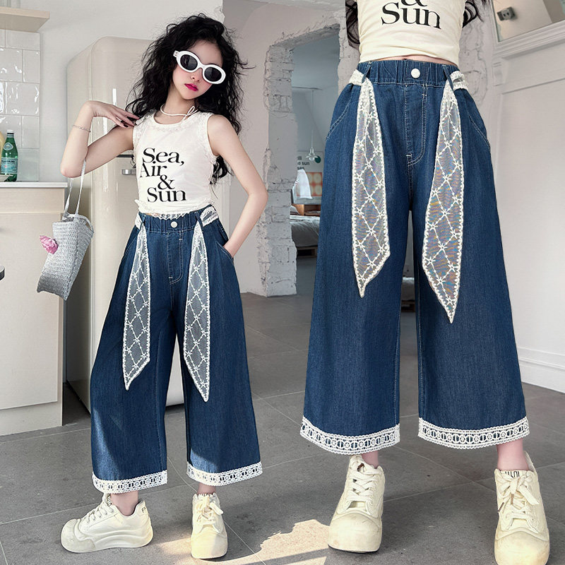 女童裤子牛仔阔腿裤夏装2026新款中大童宽松直筒裤夏季九分裤薄款