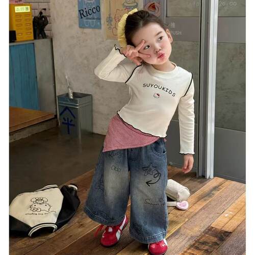 女童秋款印花牛仔两件套洋气