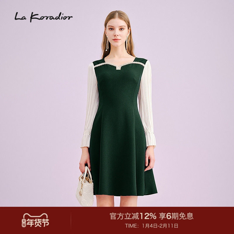 La Koradior拉珂蒂商场同款法式奢雅秋季礼服裙钉珠拼接连衣裙女,女装/女士精品,连衣裙,淘宝优惠券,粉丝福利购,淘宝优惠卷