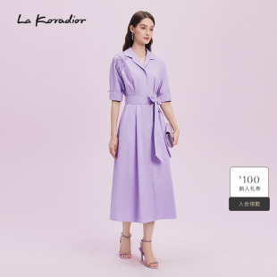 Lakoradior拉珂蒂商场同款 连衣裙翻领刺绣肩带腰带裙 春夏淡紫短袖