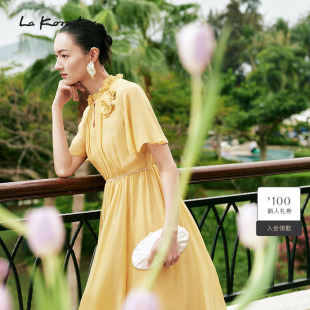 Lakoradior拉珂蒂简约夏季 100桑蚕丝丝绸真丝淡橙色连衣裙女 新款
