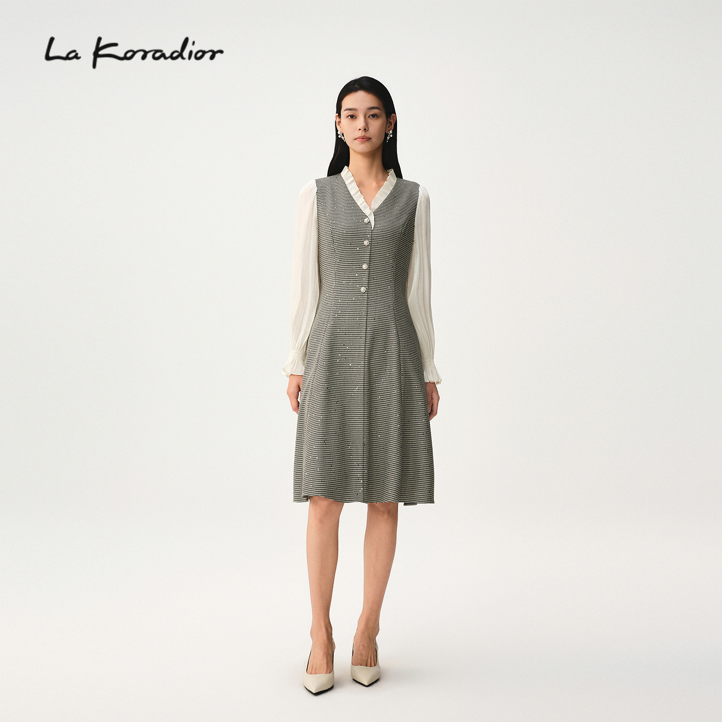 【商场同款】Lakoradior拉珂蒂优雅女新款千鸟格拼接假两件连衣裙