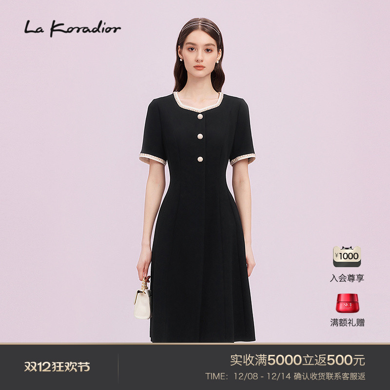 【进口三醋酸】Lakoradior拉珂蒂商场同款黑色裙高腰蕾丝连衣裙