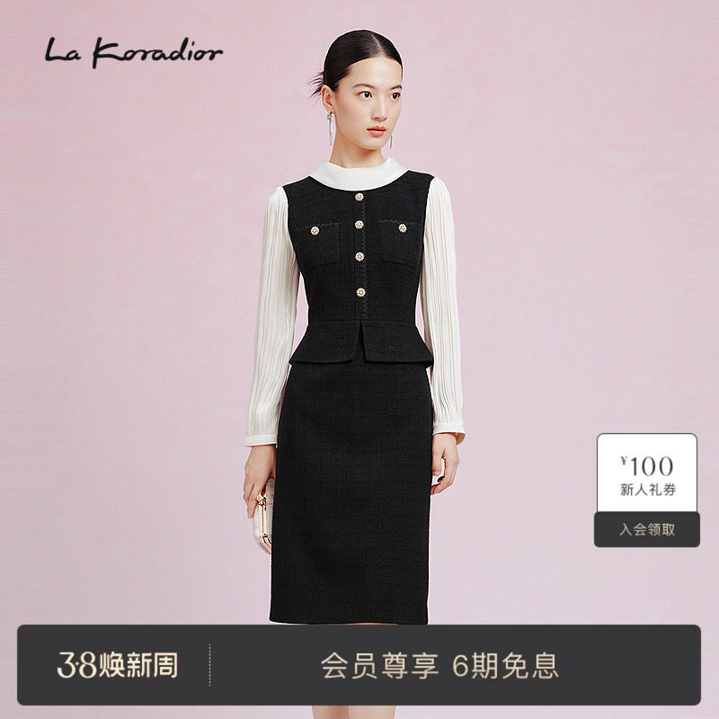 La Koradior拉珂蒂秋季通勤新款法式假两件气质连衣裙拼接礼服裙 - lakoradior官方旗舰店出品