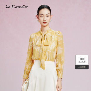 桑蚕丝 法式 新款 系带领印花真丝上衣女 Koradior拉珂蒂春季