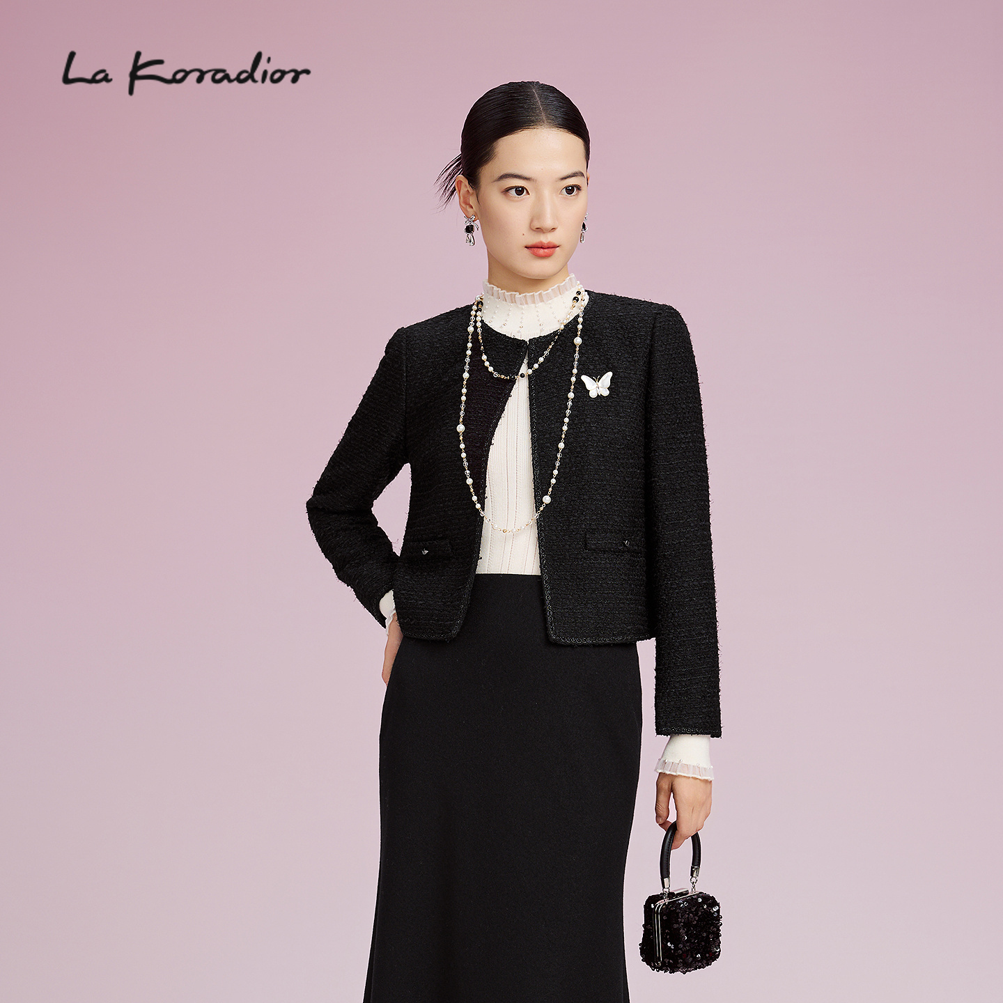 La Koradior拉珂蒂女秋冬新款优雅亮丝粗花呢百搭香风短款外套