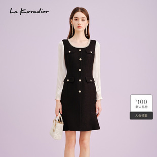 连衣裙拼色圆领气质修身 秋季 时尚 长裙 Koradior拉珂蒂商场同款