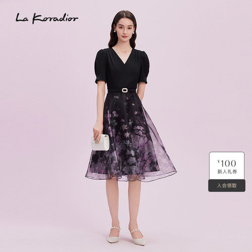 【进口三醋酸】La koradior拉珂蒂气质短袖连衣裙女2025高腰裙