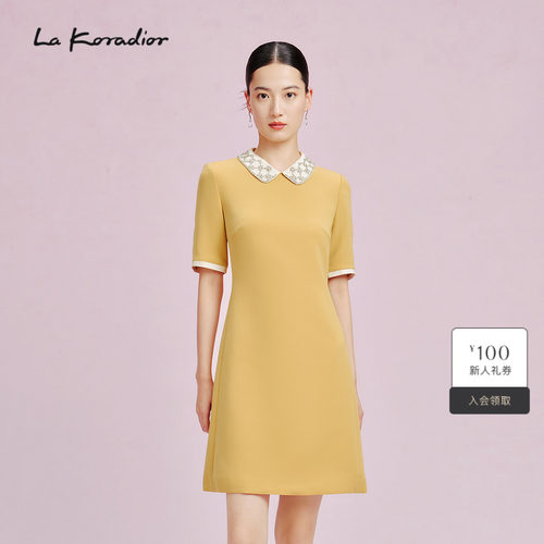 【法式洋装裙】La Koradior拉珂蒂商场同款压褶拼接钉珠连衣裙