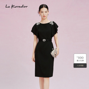 Koradior拉珂蒂夏季 黑色荷叶边三醋酸裙子连衣裙 精致社交