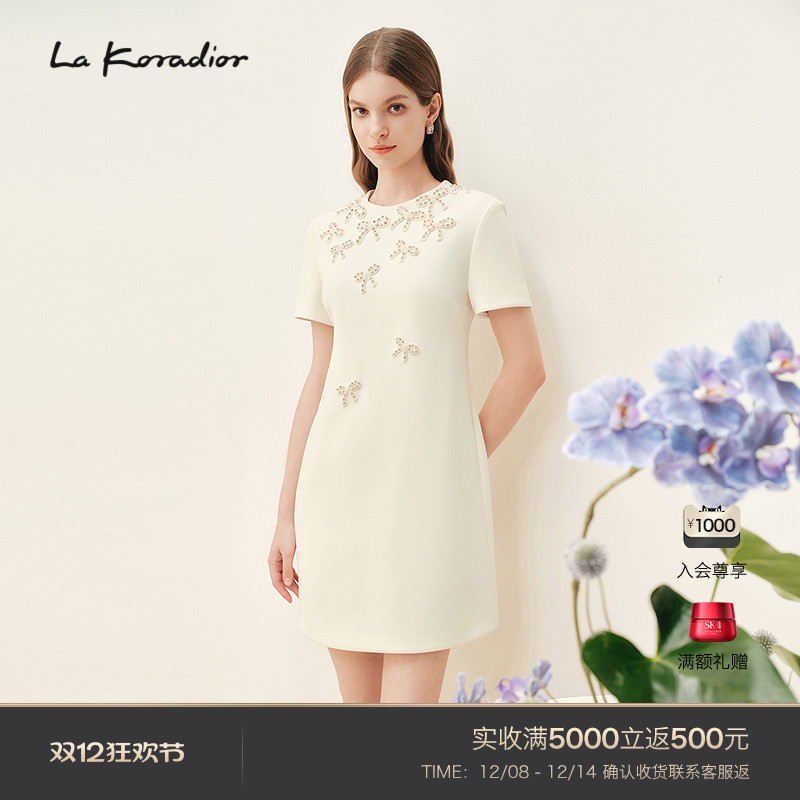 【进口三醋酸】Lakoradior拉珂蒂商场同款米白连衣裙春夏蝴蝶结裙