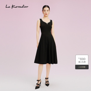 新款 V领黑色连衣裙女2025夏季 高腰裙 koradior拉珂蒂气质无袖
