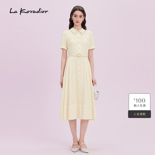 La koradior拉珂蒂气质衬衫领短袖连衣裙女2025夏季新款通勤A字裙