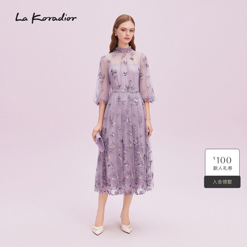 La Koradior拉珂蒂秋新品2025商场同款新款精致网纱刺绣连衣裙