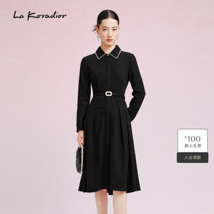 羊毛 新款 冬季 钉珠翻领气质风衣连衣裙 Koradior拉珂蒂时尚