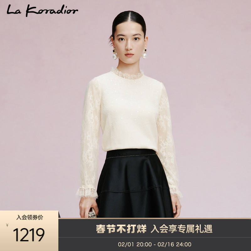 La Koradior拉珂蒂2023新款纯色套头长袖亮片网纱优雅蕾丝衫上衣