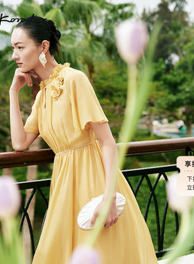 Lakoradior拉珂蒂简约夏季新款100桑蚕丝丝绸真丝淡橙色连衣裙女