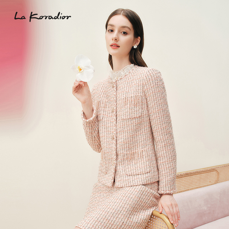 La Koradior拉珂蒂女商场同款气质圆领单排扣法式香风短外套上衣