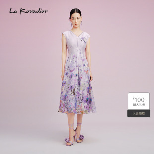 连衣裙女 Koradior拉珂蒂2025夏油画蝴蝶兰印花桑蚕丝艺术洋装