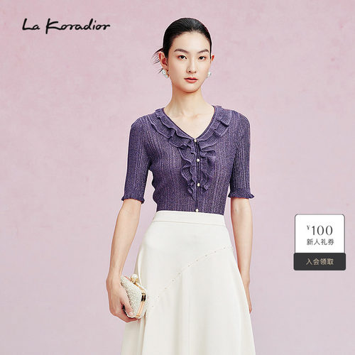 La Koradior拉珂蒂春季新款圆领荷叶边饰短袖优雅套头小衫女气质