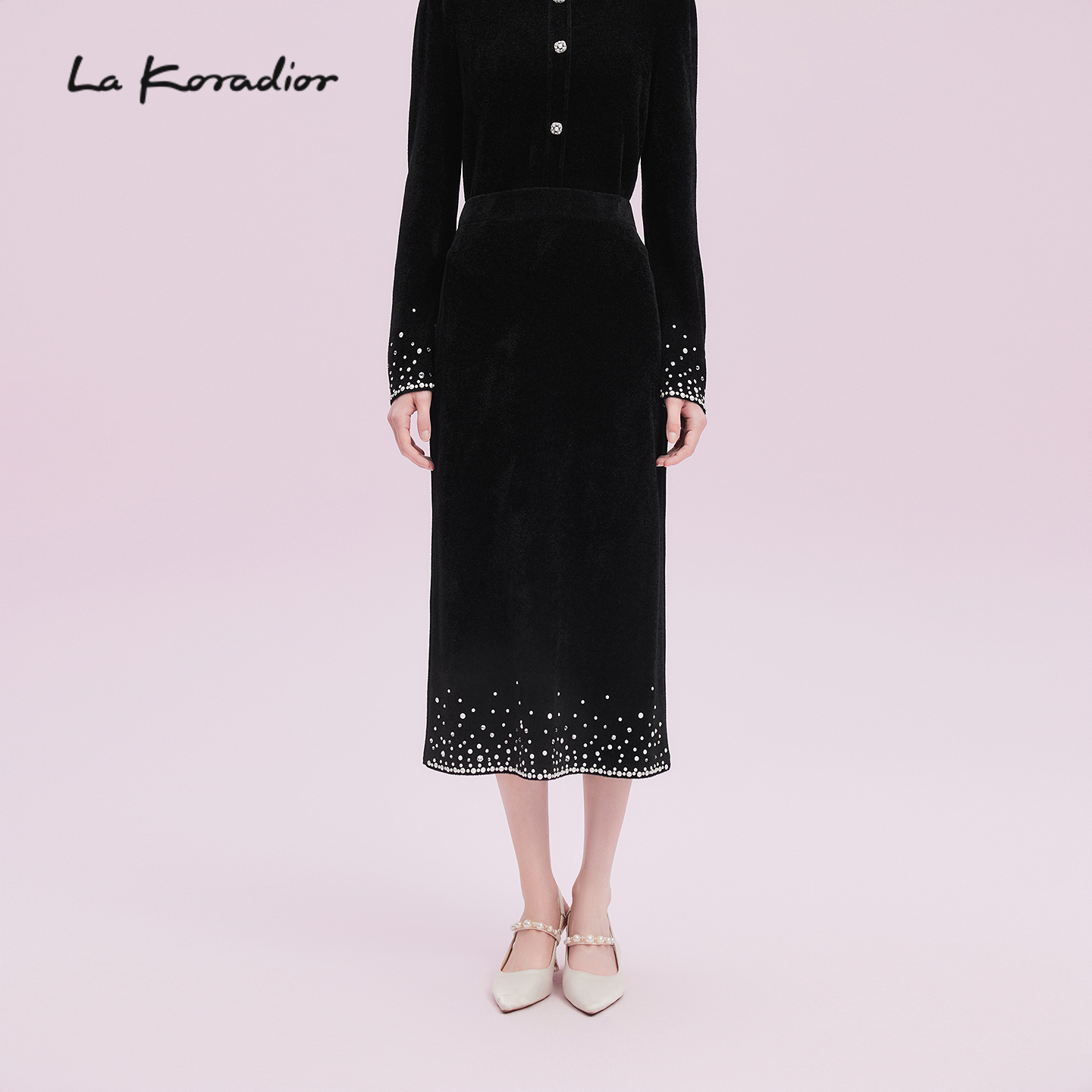 【商场同款】Lakoradior拉珂蒂优雅秋新款重工烫钻针织包臀半身裙