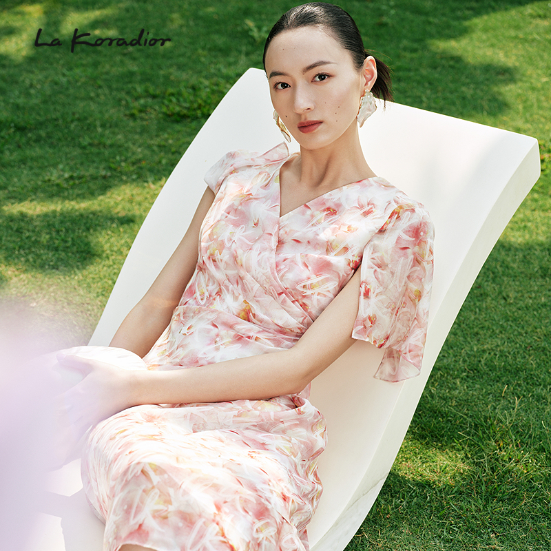 【重磅真丝】La Koradior拉珂蒂女秋季夏款法式V领印花真丝连衣裙
