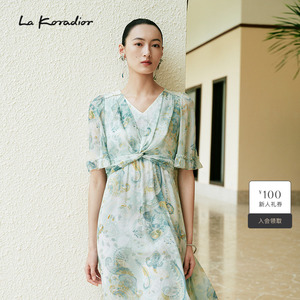 La Koradior拉珂蒂女时尚夏季真丝100桑蚕丝中长款气质印花连衣裙